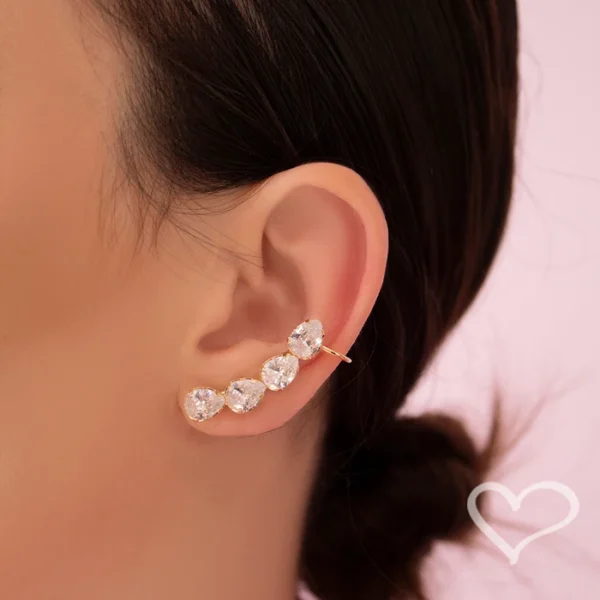Brinco Ear Cuff Mary Gotas Zircônias Cristal Folheado a Ouro 18k