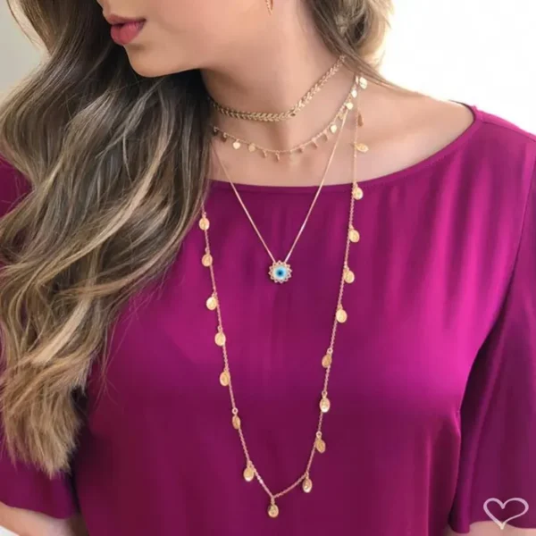 Colar Longo Medalhinhas Sagrado Coração de Jesus Folheado a Ouro 18k