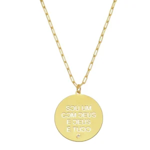 Colar Longo Medalha Sou um com Deus Elos Folheado a Ouro 18k